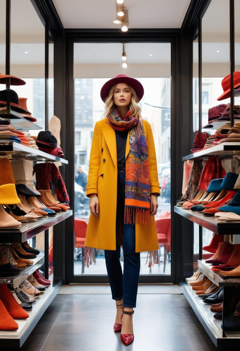 A stylish individual surrounded by various fashion accessories like scarves, hats, and trendy shoes, experimenting with different outfits in a bright, modern boutique. The scene captures a fusion of classic and contemporary styles, showcasing vibrant colors and playful patterns. Include mirrors reflecting the individual's confident expressions and hints of a cityscape through a window. super-realistic. vibrant colors. modern art.