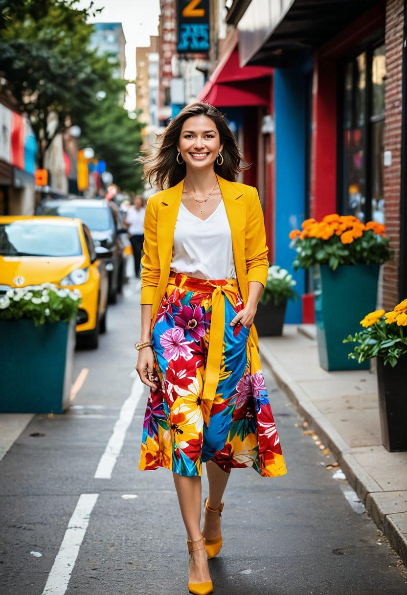 A stylish woman confidently walking down a city street, wearing a vibrant, contemporary outfit that embodies joy and elegance. Surround her with elements of urban life, such as colorful street art and blooming flowers in planters, to symbolize an uplifting lifestyle. In the background, include cozy outdoor cafes bustling with people, fostering a sense of community. The scene should evoke a feeling of happiness and sophistication. super-realistic. vibrant colors. urban setting.