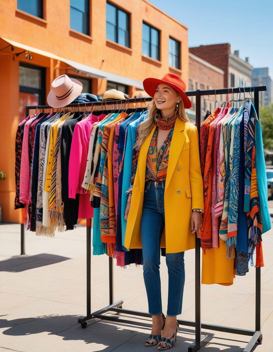 A vibrant clothing rack overflowing with colorful, trendy outfits featuring a mix of patterns and textures, set against a stylish backdrop of a sunny cityscape. A joyful person is playfully trying on accessories like hats and scarves, reflecting a transformative style journey. The scene radiates positivity and fashion-forward energy, inviting viewers to elevate their wardrobe. bright colors. super-realistic. modern aesthetic.